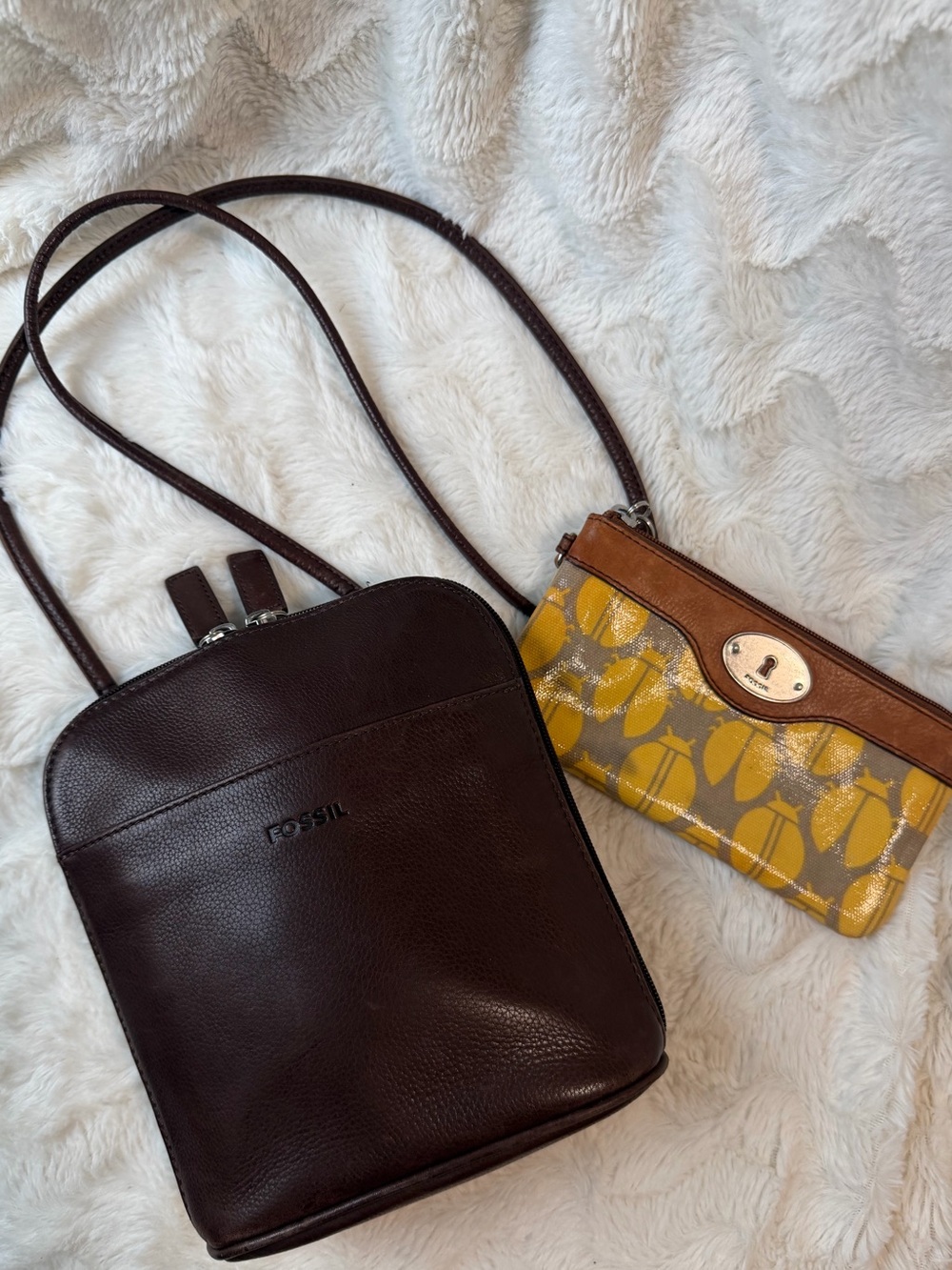 Fossil chocolate Brown Leather Crossbody Bag with Yellow Patterned Wristlet